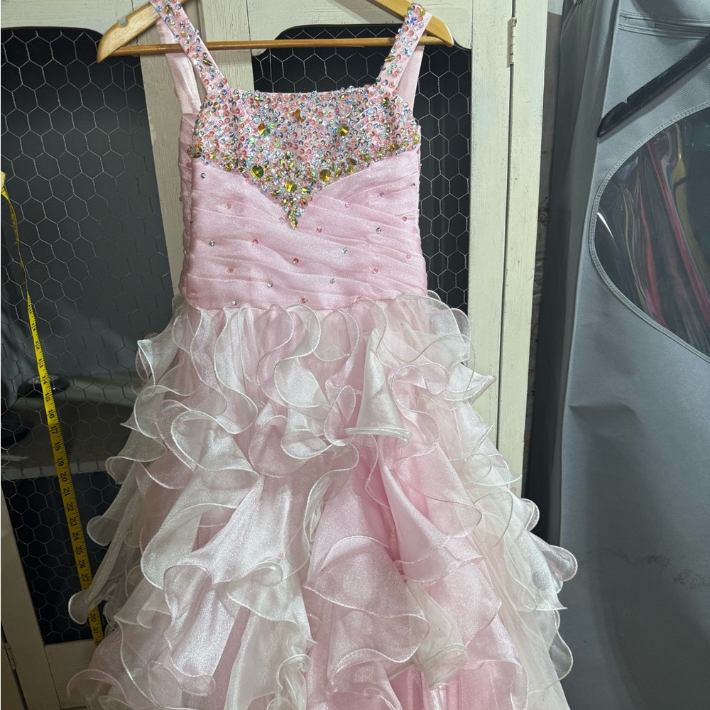 Tiffany Designs Pink and White Ruffled Girls Pageant Dress
